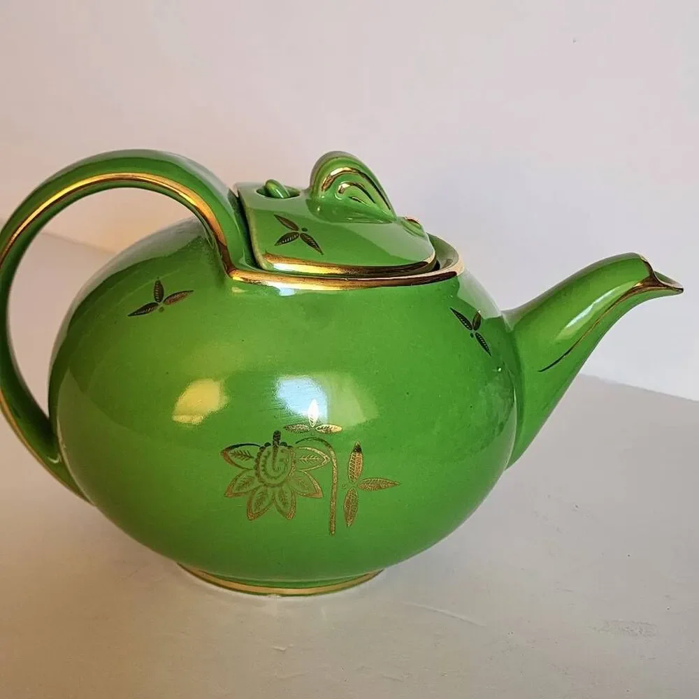 Vintage Hall China Art Deco Tea Pot 6Cup Green Glaze And Gold Floral Trim and Ac